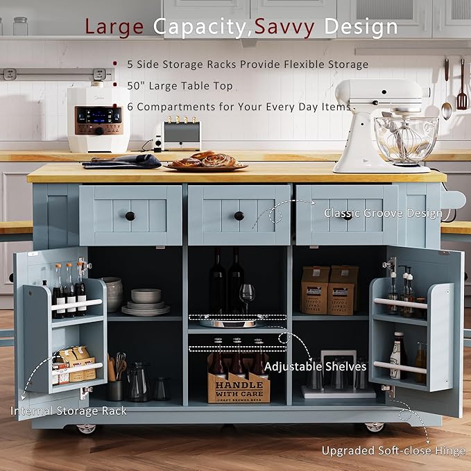YOTPO 53" Large Kitchen Island with Drop Leaf,Power Outlet & Door Internal Storage Rack,Rolling Kitchen Cart on 5 Wheels W/ 5 Open Side Racks for Kitchen,Dining Room,Grey Blue(Not Include bar stools)