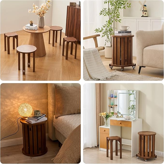 CozyDH 4-in-1 Nesting Side Tables, Stackable Stools Set of 4, Wooden Round End Table with Wheels, Small Coffee Table Nightstand for Bedroom Living Room, Walnut