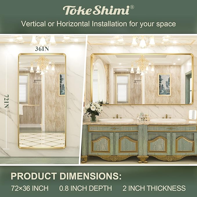 TokeShimi 72x36 Inch Gold Bathroom Vanity Mirror for Wall Rectangle Mirror with Non-Rusting Aluminum Alloy Brushed Matte Metal Frame for Modern Minimalist Farmhouse Home Decor (Horizontal/Vertical)