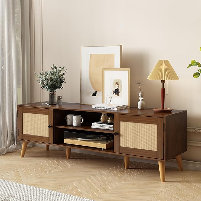 TV Stand for TVs up to 65 inches, Rattan Grain Finish Panel with 2 Storage cabinets, Modern Minimalist Style, Living Room, Audio-Visual Room for Multiple Rooms,3 Colors Available (Walnut)