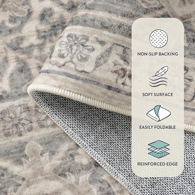 Lahome Oriental Small Area Rug, 2x4 Washable Entryway Rug Non-Slip Ultra-Thin Indoor Door Mat Distressed Throw Carpet for Kitchen Bedroom, Grey/Brown