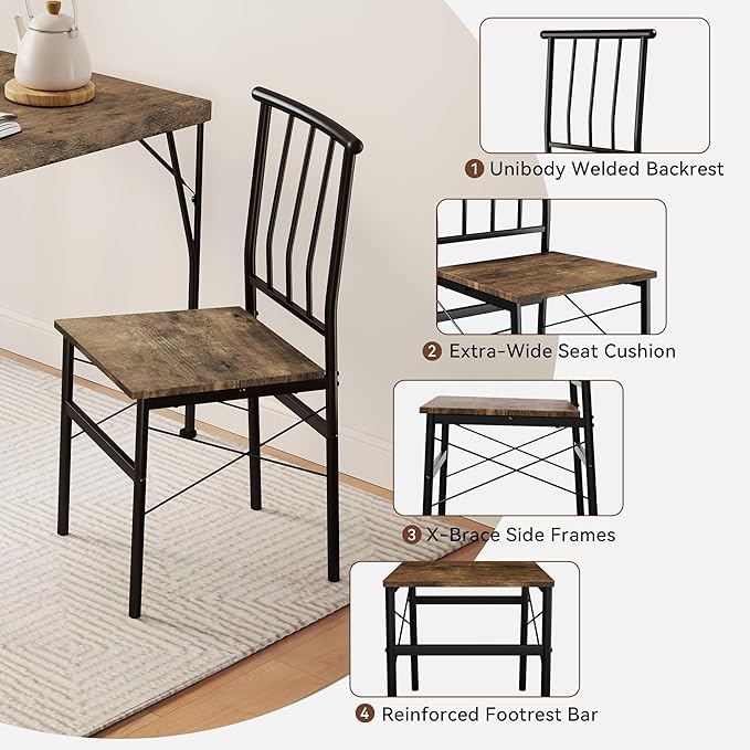 Vipbear Kitchen Dining Table Set for 4, 5-Piece Kitchen Table Set with 1.6“ Thick Tabletop,Dining Room Table Sets,Kitchen Table Set with 4 Chairs for Small Space, Dinette,Apartment,Retro Brown