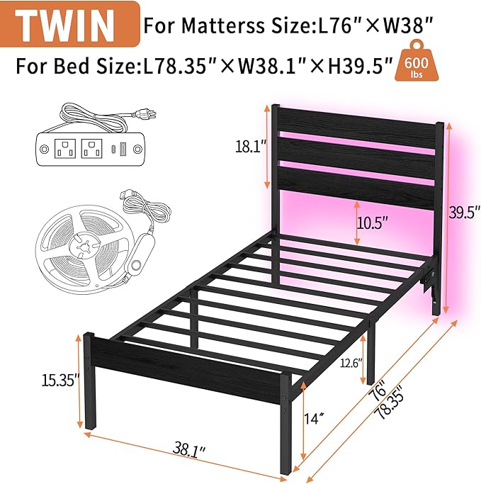 Twin Bed Frame with Headboard,Heavy Duty LED Bed Frame with USB Charging Station,Mattress Foundation-Under Bed Storage, No Box Spring Needed, Noise Free，Black