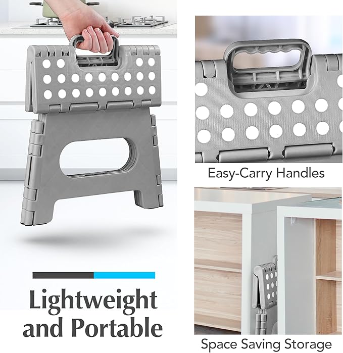 Handy Laundry - Folding Step Stool - Sturdy Enough Collapsible Stool to Support Adults and Safe Enough for Kids - Opens Easy with One Flip - Great for Kitchen, Bathroom or Bedroom (Grey - 9 Inch)