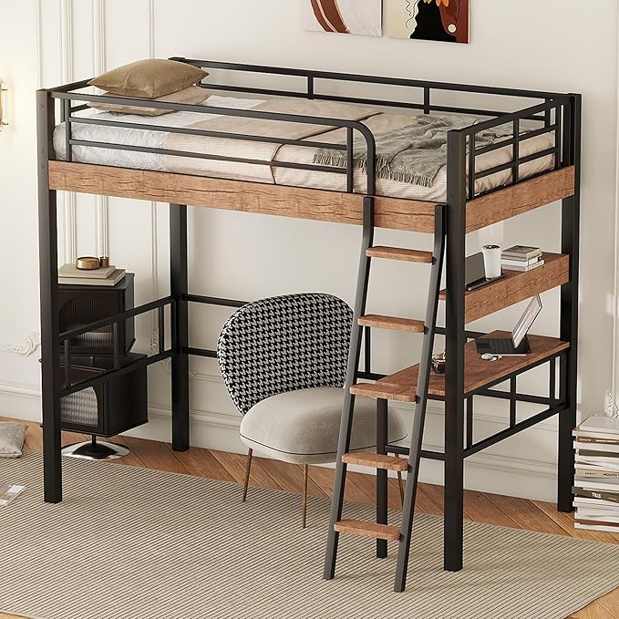 Metal Twin Size Loft Bed with Built-in Desk,Storage Shelf and Ladder,Full-Length Guardrails and Secured Metal Slats, High LoftBed W/Large Storage Space for Kids Teens Adults Bedroom,Black