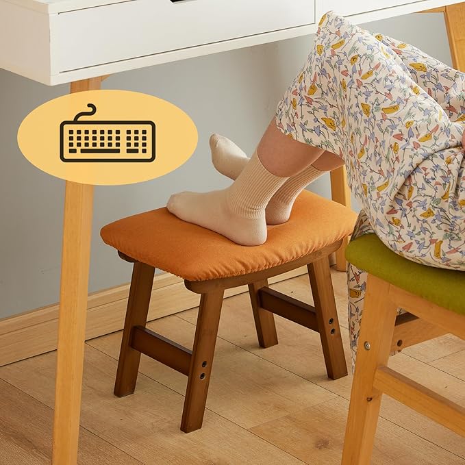 Foot Stool Ottoman Foot Rest Under Desk,Small Stool for Living Room, Bedroom and Kitchen (Brown Legs - Orange Stool Surface)