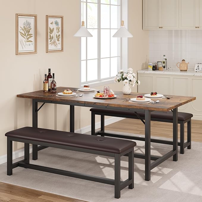 Dining Table Set for 4-6, 63“ Large Extendable Kitchen Table Set, Wood Rectangle Kitchen Table with 2 Soft Benches for Small Space, Apartment, Dinner,Saving Space, Retro Brown