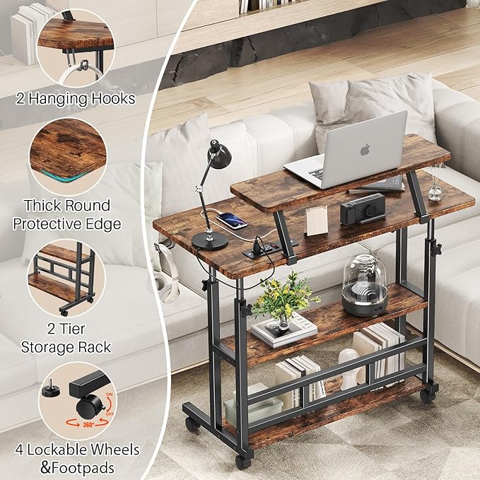 Adjustable Height Standing Desk with Power Outlets, Rolling Stand Up Desk with Monitor Stand and Storage Shelves, 31.5" Small Mobile Computer Desk, Portable Laptop Table (Retro Brown)