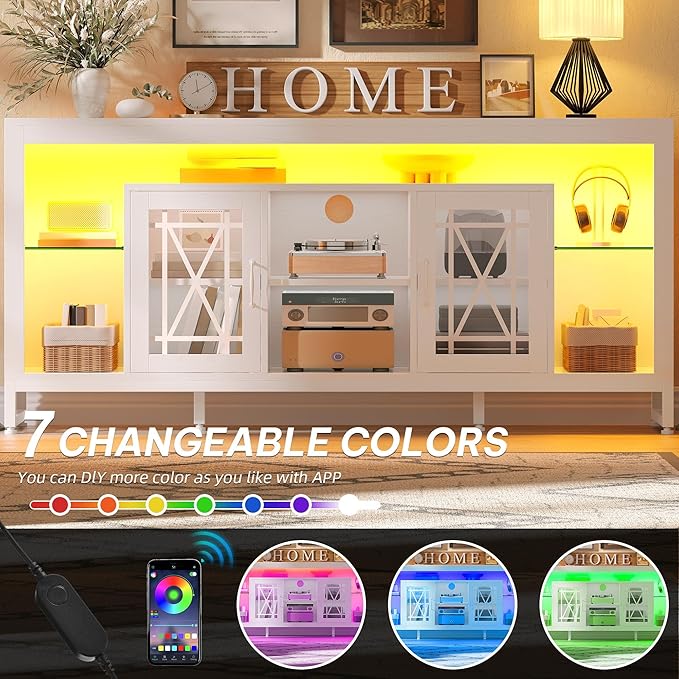 YITAHOME 33.5'' Tall TV Stand for 75 inch TV, LED Entertainment Center with Storage, Black TV Stands for Living Room with Acrylic Doors & Power Outlets, Tall TV Console Cabinet, White