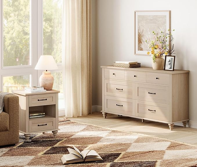 WAMPAT Set of 2 End Tables with Charging Station, 2 Drawer Nightstand for Bedroom with Storage Shelf, 2 Pack Wooden End Tables Bedside Table for Living Room, Beige