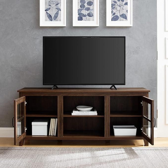 Walker Edison Dakota Modern Farmhouse 2 Glass Door Stand for TVs up to 65 Inches, 58 Inch, Dark Walnut