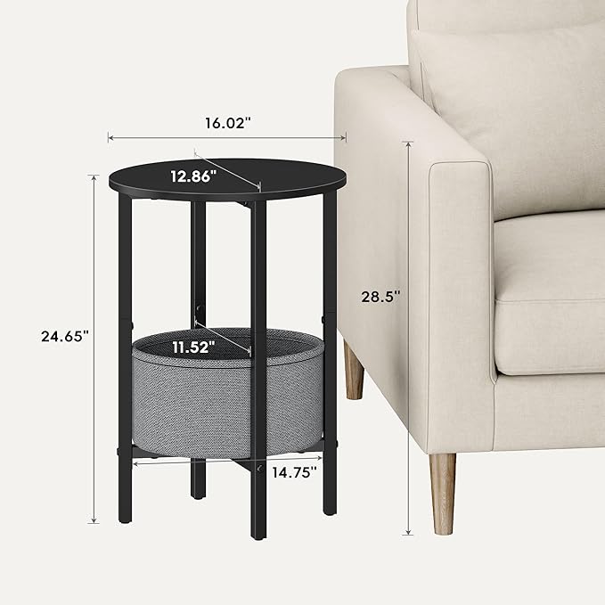 Vagusicc Round Side Table End Table with Storage Basket, Small Side Table Round Nightstand for Small Spaces, Tall Oval End Table with Steel Frame, Coffee Bedside Table for Living Room Bedroom, Black