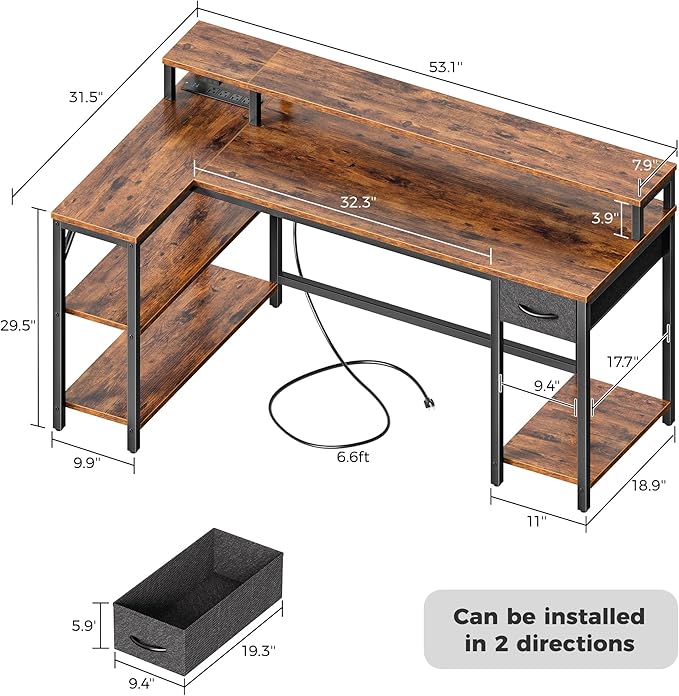 SUPERJARE 53 inch Reversible L Shaped Desk with LED Lights & Power Outlets, Computer Desk with Shelves & Monitor Stand, Gaming Desk with Drawer, Home Office Desk Corner Desk, Rustic Brown