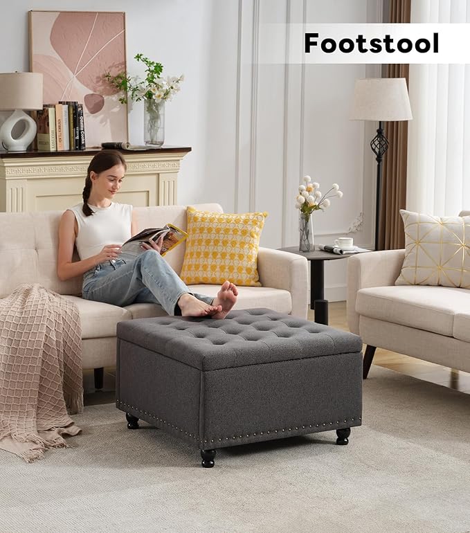 Tbfit Large Square Storage Ottoman Bench, Tufted Upholstered Coffee Table with Storage, Oversized Storage Ottomans Toy Box Footrest for Living Room, Dark Grey
