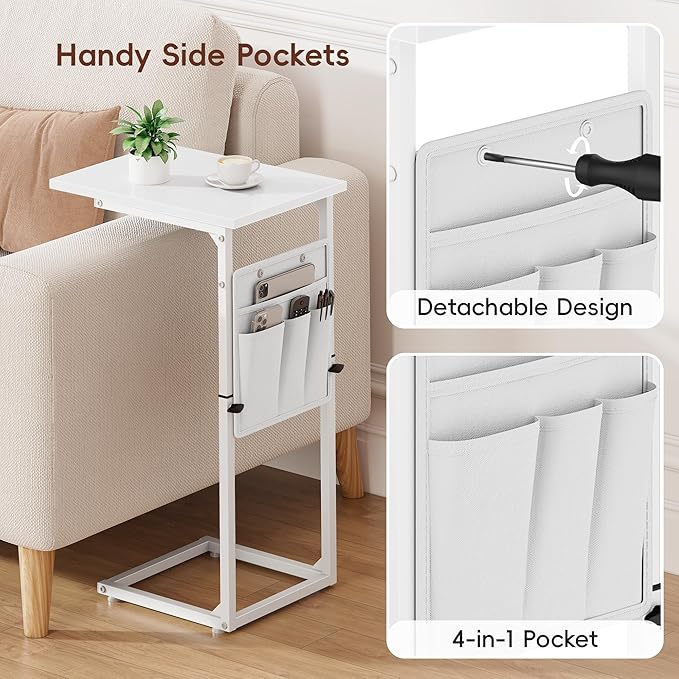 Vagusicc C Shaped End Table, 33" Tall Side Table for Couch, Adjustable Height Recliner Table Small Couch Side Tables, Sofa Tables Slide Under Sofa TV Tray Arm C Table for Living Room, Bedroom, White