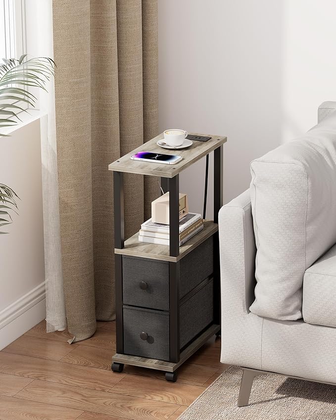 TUTOTAK Small Narrow End Tables, Side Tables with 2 Fabric Drawers, Set of 2, Bedside Tables with Charging Station for Small Spaces, Slim Nightstands with USB Ports and Wheels, TB01BG053