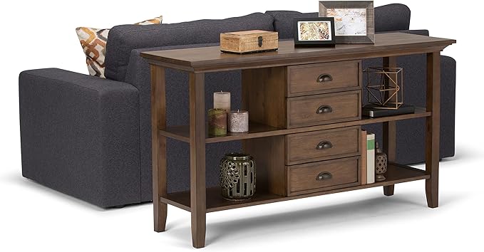 SIMPLIHOME Redmond Console Table - 54 Inch Wide Solid Wood Sofa Table in Rustic Natural Aged Brown, Transitional Storage Table for Entryway or Living Room with 4 Drawers and 4 Open Shelves