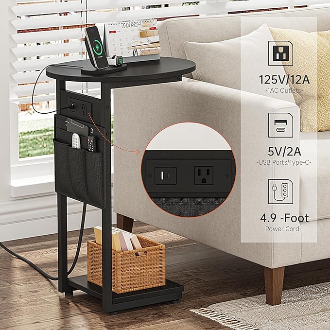 Vagusicc C Shaped End Table with Charging Station, Small Side Table for Couch, TV Tray Slide Under Sofa Table for Living Room Bedroom, Round Couch Side Table C Table for Sofa, Black