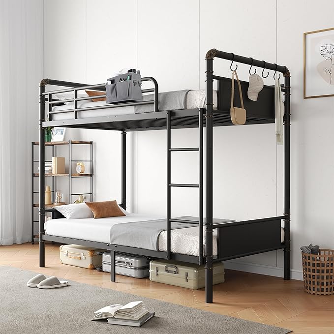 Metal Bunk Bed Twin Over Twin, Industrial Bunkbeds Heavy Duty Bed with Safety Guard Rails and Space-Saving Design, Steel Bed for School, Bedroom (Black)