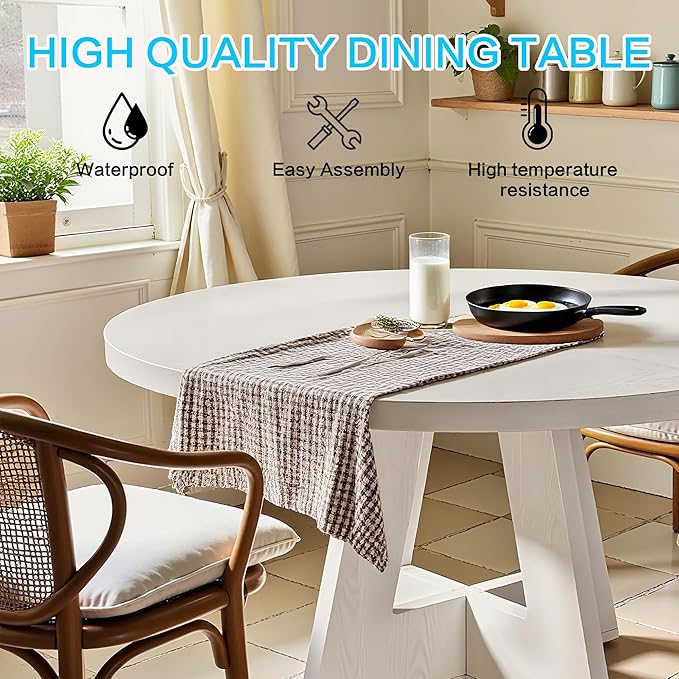 47" Round Dining Table for 4-6, Modern Small Dinner Table Farmhouse Round Kitchen Tables with Wooden Cross Base for Dining Room, Kitchen, Living Room, White