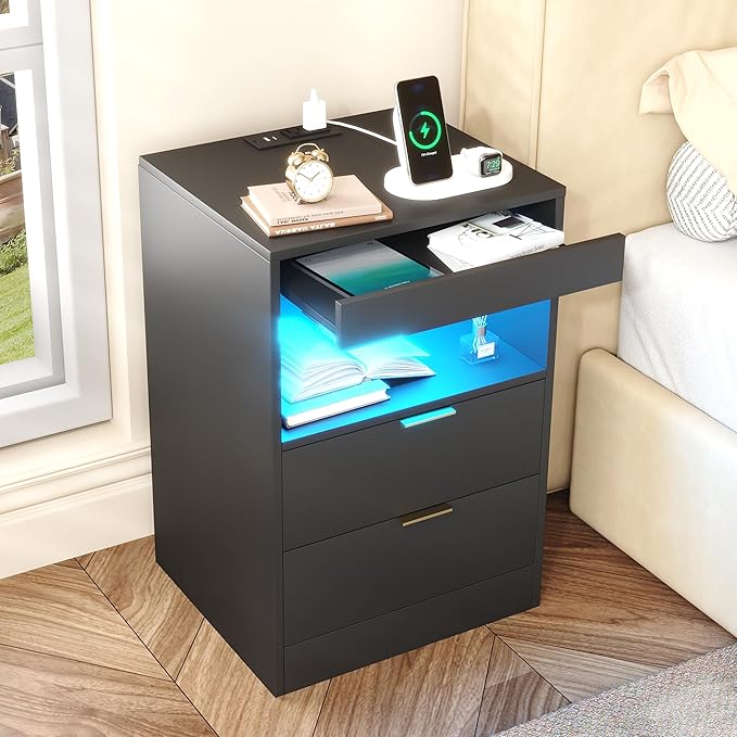 Gadroad LED Nightstand with Charging Station, Bedside Table with 3 Drawers and LED Lights, End Table Sofa Couch Side Table with Pull-Out Shelf, Black