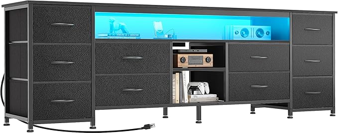 Huuger 62 Inch LED TV Stand Dresser with Power Outlets, USB-C Port and LED Lights, 10 Fabric Drawer Dresser for Bedroom, Long Entertainment Center for 65, 70 Inch TV, Open Shelves, PU Leather, Black
