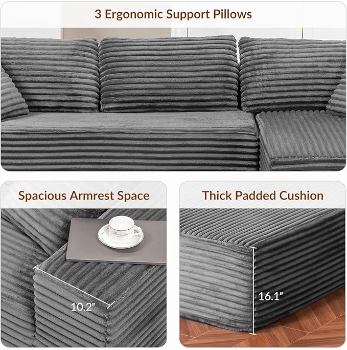 COMHOMA 105”Modular Sectional Sofa with Deep Seat,Cloud Upholstered L-Shape Couch Wide Arms Corduroy Fabric High-Density Foam Chaise Lounge for Living Room No Assembly Required