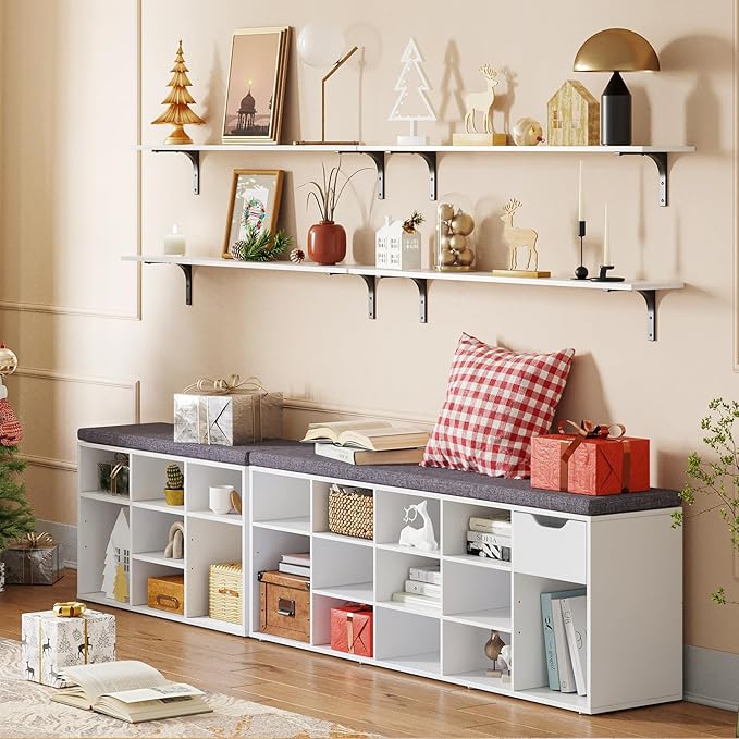 DINZI LVJ Shoe Bench, Entryway Storage Bench with Drawer and 14 Cubbies, Long Cubby Shoe Rack with Adjustable Shelves, Organizer for Living Room, Bedroom, Mudroom, Garage, White