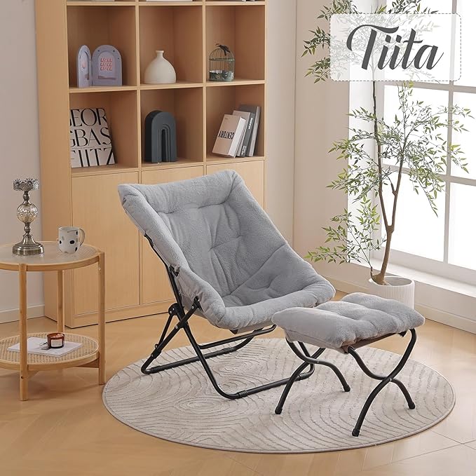 Tiita Folded Chair with Ottoman, Soft Faux Fur Oversized Folding Accent Chair,Lounge Lazy Chair, Metal Frame Moon Chair for Bedroom, Living Room, Dorm Rooms, Garden and Courtyard