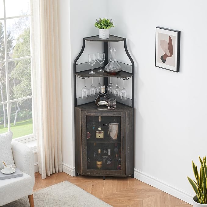 GarveeHome Corner Wine Bar Rack Cabinet with Detachable Wine Rack, Home Bar Cabinet with Barn Door and Adjustable Shelf, Wine Bar Cabinet and Buffet Cabinet with Mesh Door, Fire Wood