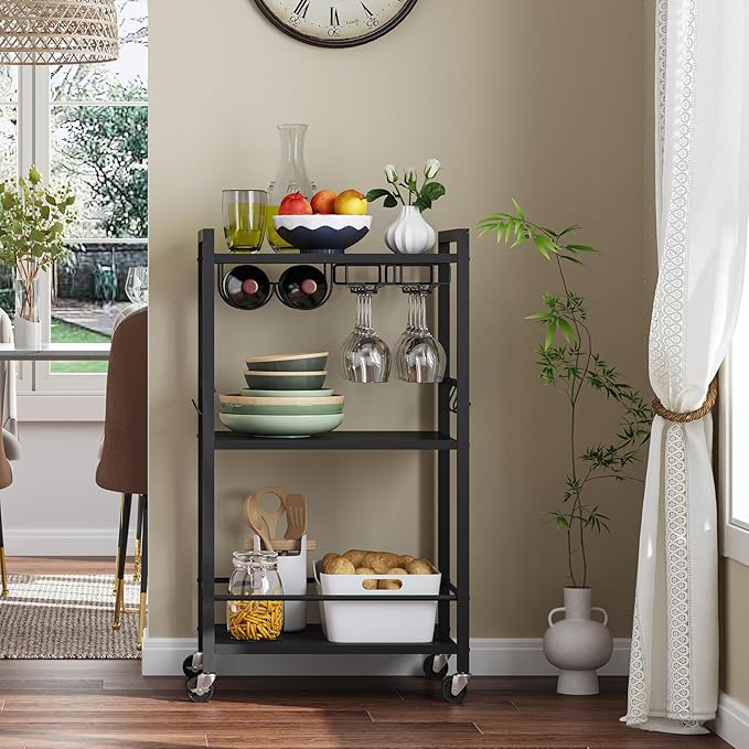 TUTOTAK Bar Cart, Home Bar Serving Cart with 3-Tier Shelf, Drink Cart with Wine Rack, Glass Holder, Rolling bar carts for The Home, Living Room, Brown V1BC01BK035