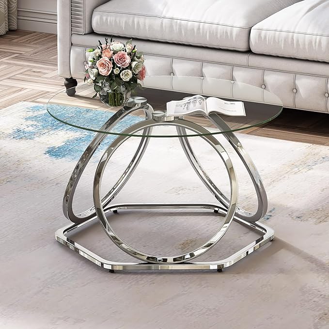 O&K FURNITURE Glass Coffee Table, Modern Silver Coffee Table Living Room Table with Hexagonal Base, Round Coffee Table for Home&Office, Chrome Finish, 1 PC