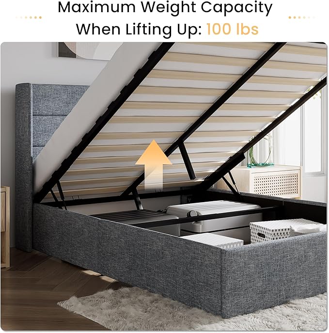 SHA CERLIN Queen Size Lift Up Storage Bed/Modern Wingback Headboard/Upholstered Platform Bed Frame/Hydraulic Storage/No Box Spring Needed/Wood Slats Support/Grey Blue