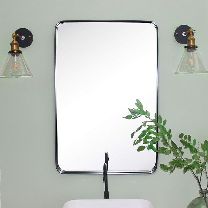 TEHOME 24x36 Matt Black Metal Framed Bathroom Mirror for Wall in Stainless Steel Matte Black Rounded Rectangular Bathroom Vanity Mirrors Wall Mounted