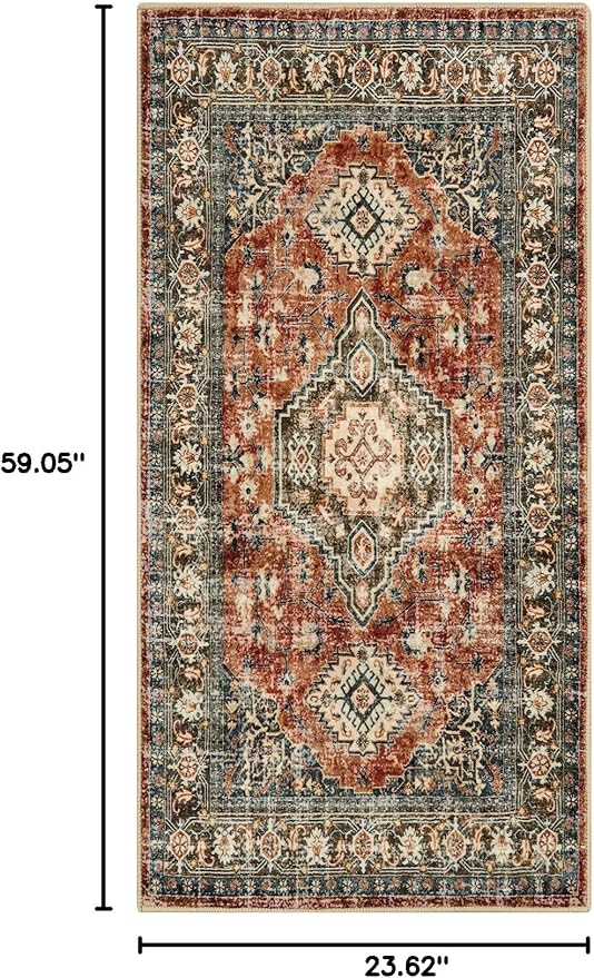 Lahome Oriental Kitchen Runner Rug Non Slip, 2x5 Washable Hallway Runner with Rubber Backing, Vintage Hallway Rug Ultra-Thin Soft Carpet for Bedroom Bathroom, Brick Red