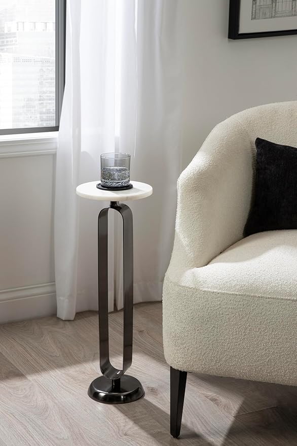 Kate and Laurel Helio Modern Round Drink Table, 8 x 8 x 24, White and Gray Gunmetal, Natural Marble Cocktail Table for Small Spaces and Use as Small Plant Stand or Nightstand