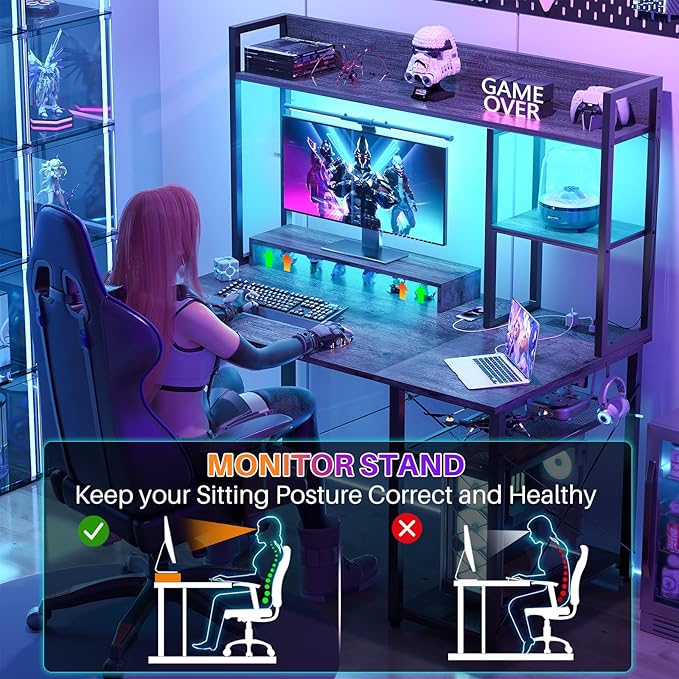 Cyclysio Gaming Desk with Hutch, 39'' Computer Desk with LED Lights & Power Outlets, Home Office Desk with Reversible 5 Tiers Storage Shelves & Monitor Stand, Small Gaming Table for Small Space, Grey