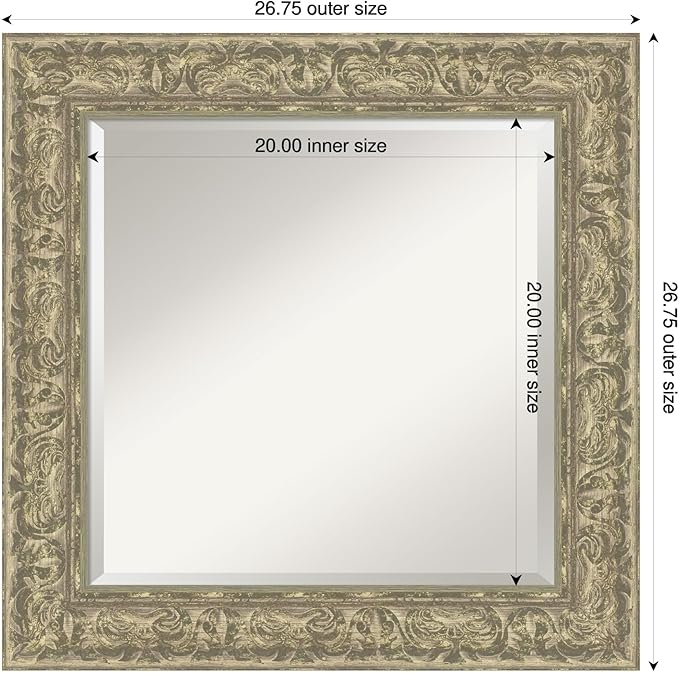 Amanti Art Silver Bathroom Mirror for Over Sink, 27x27 Luxe Antique Silver Square Vanity Mirror, Medium Traditional Frame, Hangs Horizonally and Vertically, Bathroom Wall Decor, Beveled Edge