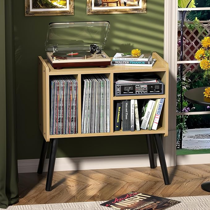 Record Player Table, Mid-Century Record Player Stand with Vinyl Storage Hold Up to 150+ Albums, Vinyl Record Cabinet with Adjustable Shelves, Wood Turntable Stand for Music Living Room (Walnut)