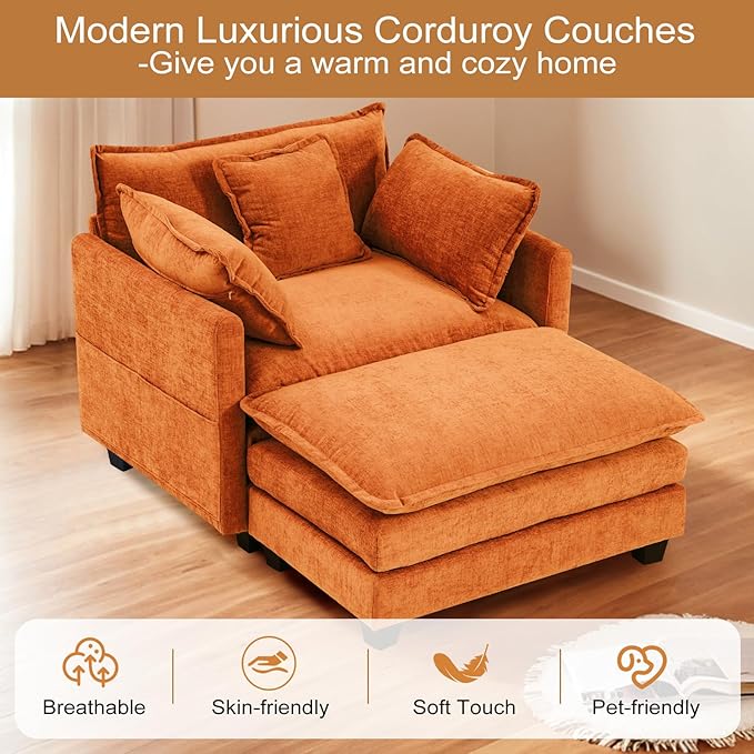 Furniliving Oversized Accent Chair with Ottoman, Luxury Chenille Single Sofa, Upholstered Deep Seat Chaise Lounge with Pillows for Living Room, Bedroom, Apartment, Orange