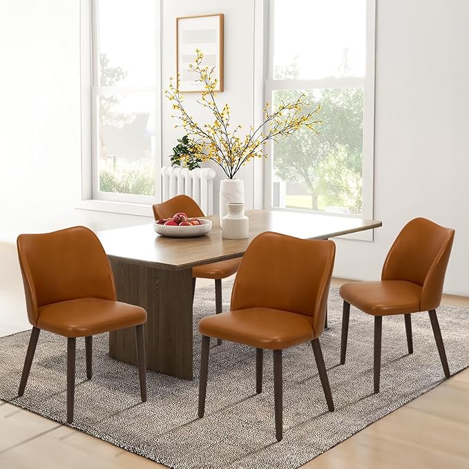COLAMY Upholstered Dining Chairs Set of 2, PU Leather Dining Room Kitchen Side Chair with Padded Seat and Wood Legs Restaurant/Cafe,Light Brown