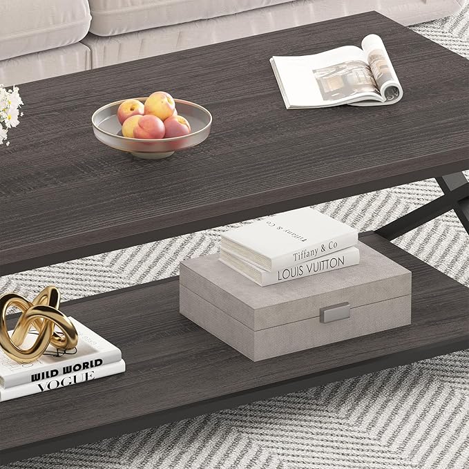 HSH Gray Storage Coffee Table, Modern Center Table for Living Room with Display Shelf, Simple Metal Wooden Rectangle Cocktail Tea Table, Minimalist Home Office Bedroom 2 Tier Coffee Table, 39 Inch