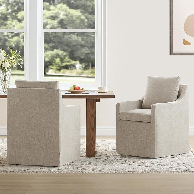 Upholstered Dining Chairs with Casters Easy Assembly Side Deskchair with Rollers for Diningroom, Living Room, Khaki, 2 Box