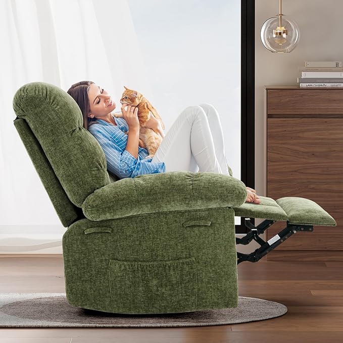 Rocking Recliner Chair,360° Swivel Rocker Chair for Living Room,Upholstered Fabric Glider Nursery Chair with Side Pockets for Small Spaces,Q235 Steel Frame Lazy Boy Recliner Single Sofa(Green)