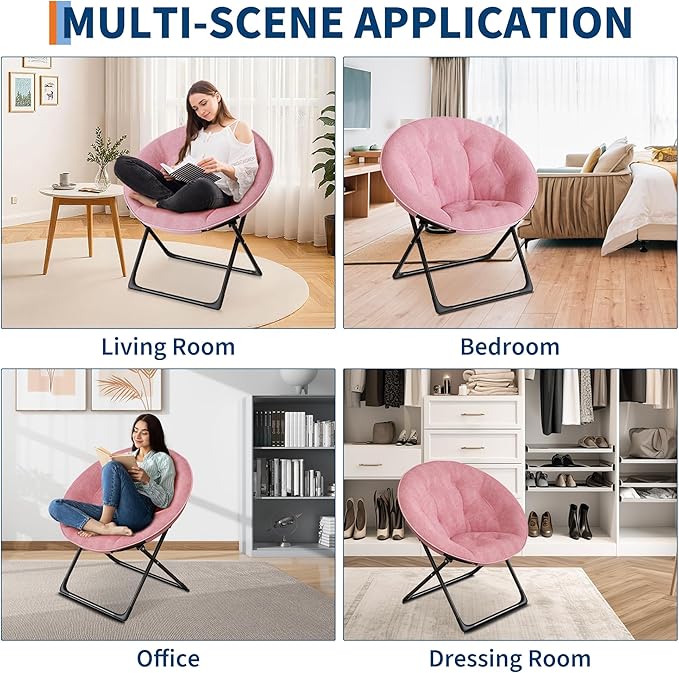 Saucer Chair, XL Foldable Lounge Chair for Bedroom/Dorm, Plush Comfy Seat with Non-Slip Base for Teens & Adults, Faux Fur Accent Chair, Pink