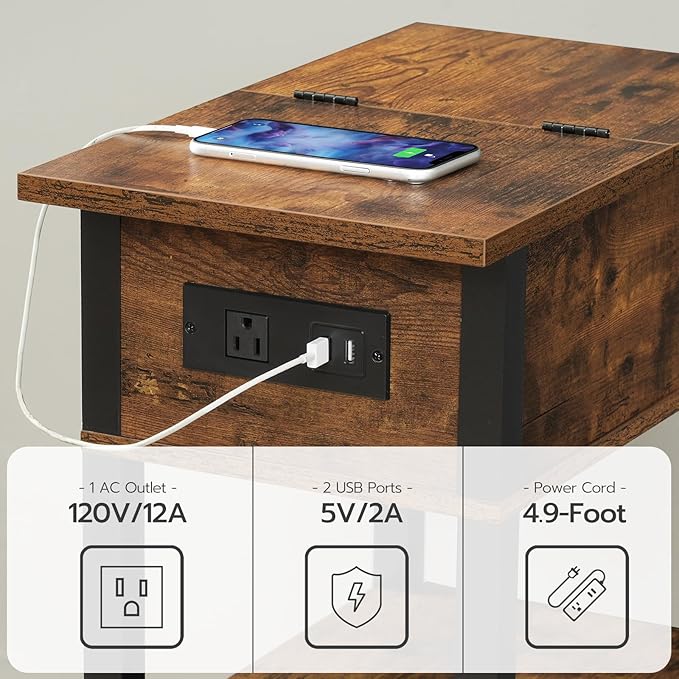 HOOBRO End Table with Charging Station, Flip Top Side Table with USB Ports, Narrow Nightstand Bedside Tables with Storage Shelves, for Small Space, Living Room, Rustic Brown and Black BF141UBZ01