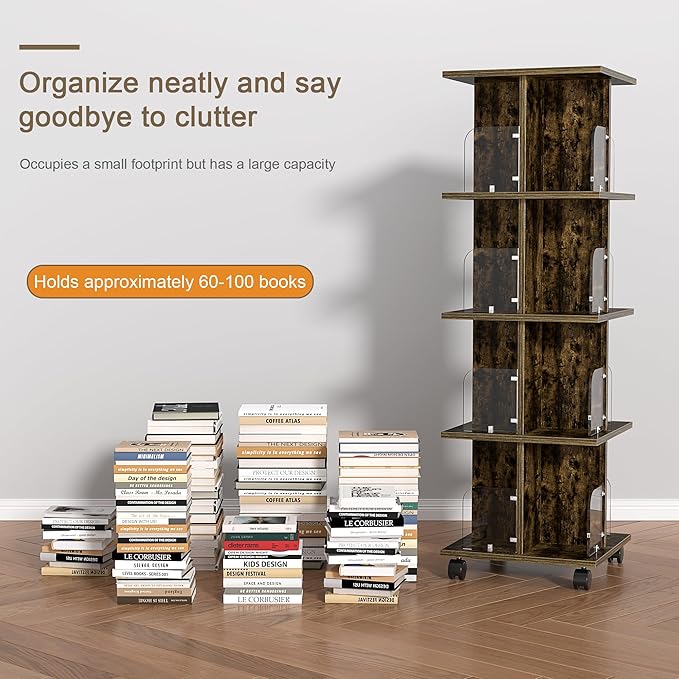 VECELO Rotating Bookshelf with Brake Wheels, 360°Display 4 Tier Floor Stackable Spinning-Bookshelf Tower for Kids&Adults, Revolving Bookcase for Small Space,Corner(Brown)