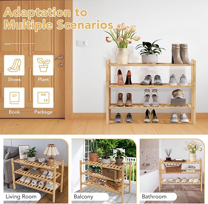 Haddockway 3 Tier Bamboo Shoe Rack Storage Organizer, Multifunctional Free Standing Stackable Shoe Shelf with Grid Panel for Closet,Hallway,Entryway,Small Space 27"x11"x20" (Natural, 3 Tier)
