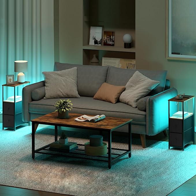 TUTOTAK Small Narrow LED End Table with Charging Station, Side Table Outlets, Nightstand with 2 Cloth Drawers, Set of 2, Couch Table, for Living Room, Bedroom, Bedside, Brown and Black TB01BB056K