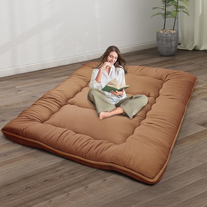 Japanese Floor Mattress,4" Thicken Japanese Floor Sleeping Pad Foldable,Futon Mattress Suitable for Camping and Guest Room (Khaki, Queen (80" X 60"))